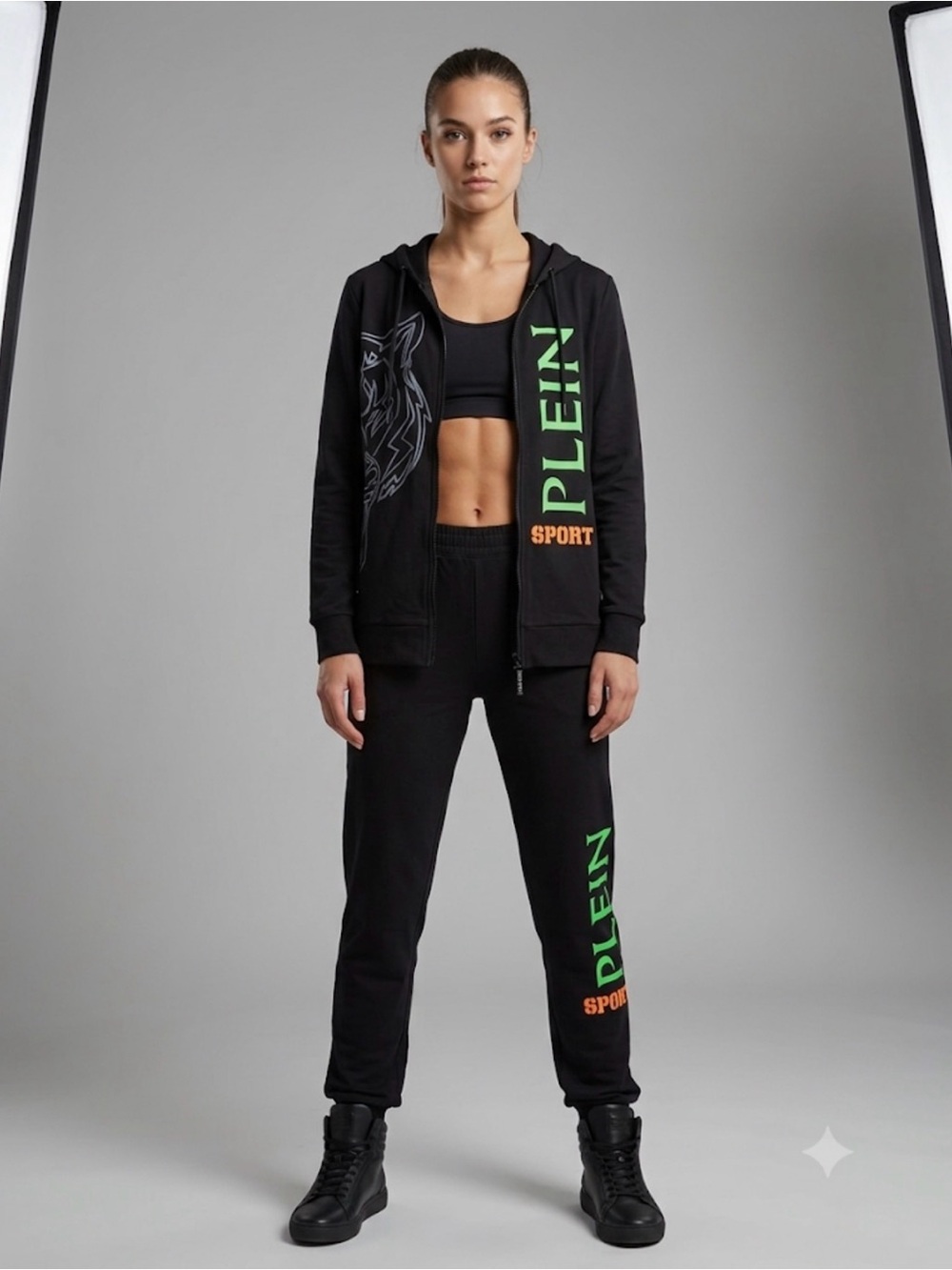 Plein Sport Black track suit straight leg Pants with Green and Orange Logo